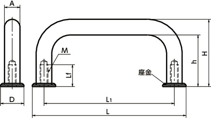 USP-A4ステンレス取っ手 - 座金つき寸法図
