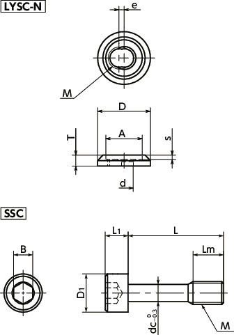 LYSC-N-SSC取っ手用脱落防止座金(脱落防止ねじつき)寸法図