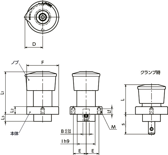 NQTS-F-NI-GFクイッククランプファスナ - ノブ操作 - フリースライド寸法図