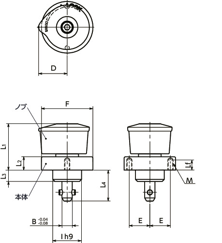 NQTS-GLクイッククランプファスナ - ノブ操作 - スタンダード寸法図