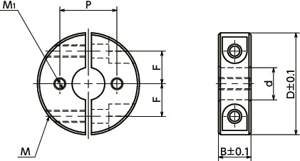 NSCSS-MN2セットカラー - 固定穴（めねじ）つき - スティール（無電解ニッケルメッキ）製 - スプリットタイプ寸法図