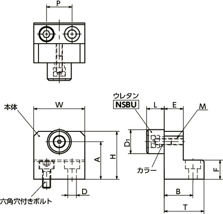 NLSDUSリニアガイド用ストッパ - ベース固定 - ステンレス製 - ウレタンつき寸法図