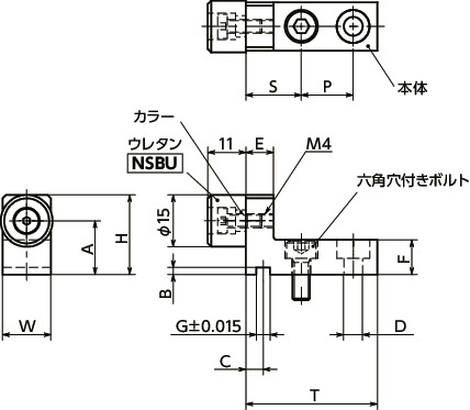 NLSPUSリニアガイド用ストッパ - コンパクトタイプ - ステンレス製 - ウレタンつき寸法図