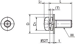 SRTSQ-TZB座金組込みヘクサロビュラ穴付きなべ小ねじ（ピンつき）寸法図